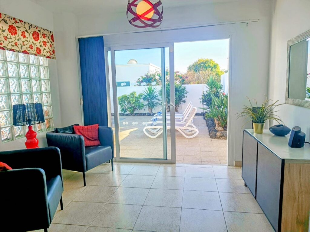 Villa Elysium living area and patio doors